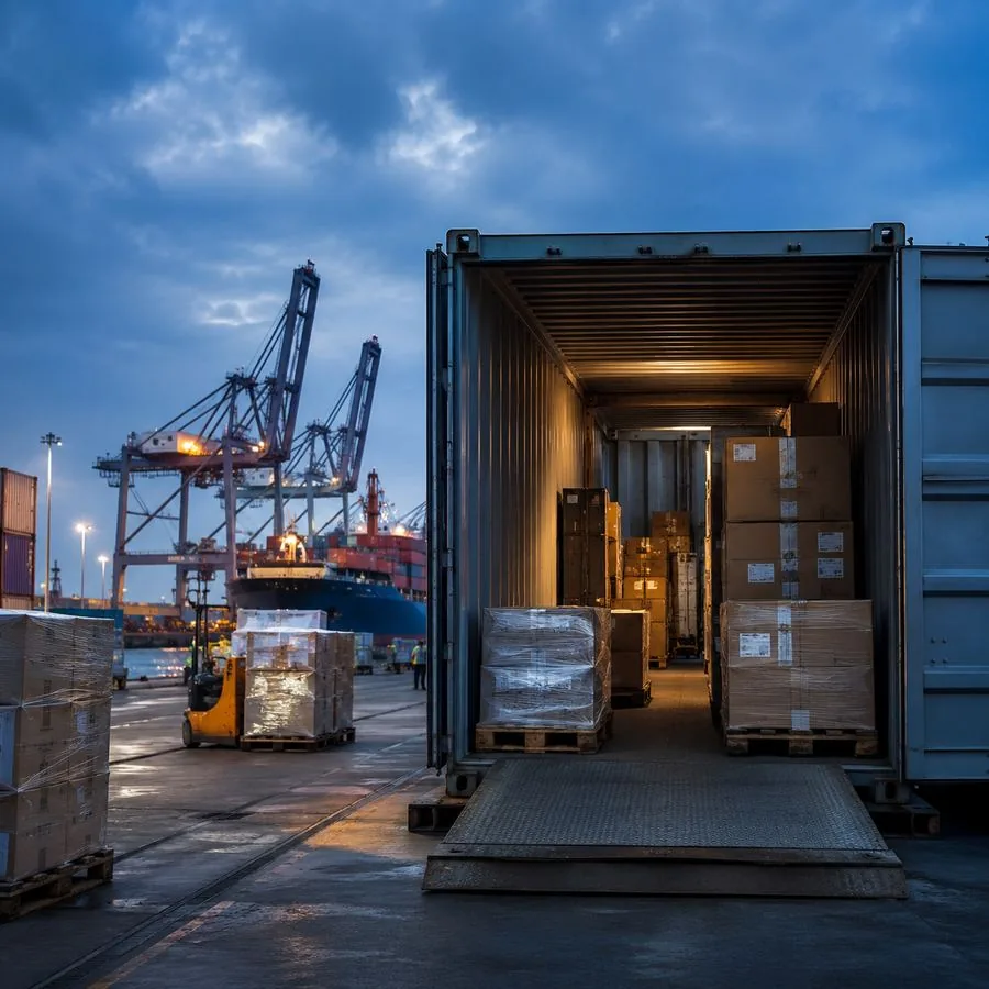 Shipping containers and logistics cranes at a port