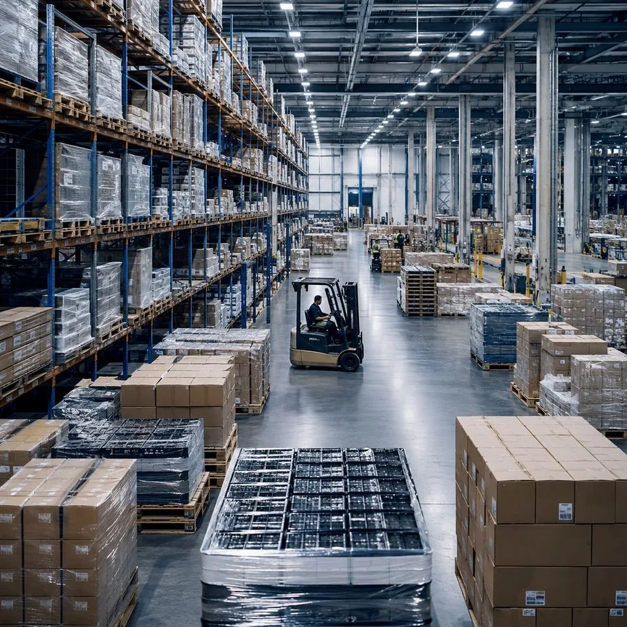 Wholesalers warehouse aisle stacked with pallets and boxes